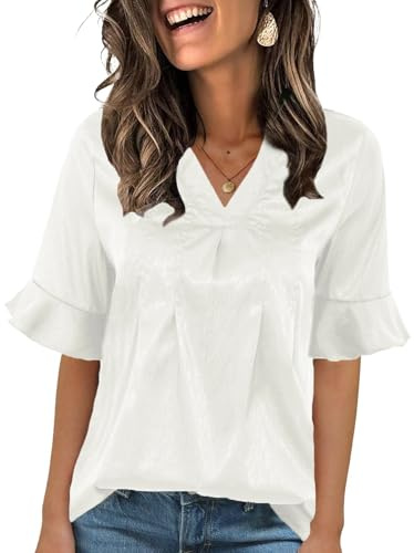 Ancapelion Camicetta da donna casual estiva corta a mezza manica con scollo a V svasata con maniche a volant, B-bianco, L
