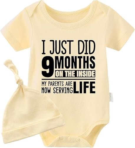 YSCULBUTOL Baby Twins Bodysuits I Just Did 9 Months On The Inside Newborn Baby Clothes Cute Unisex Romper Infant Twin Outfits With Hat(Yellow 3m)