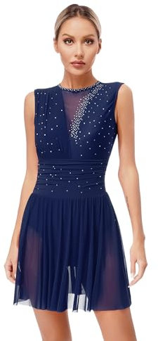 Miaeowve Kürkleider Eiskunstlauf Damen Strass Glitzer Rollkunstlauf Kleid Ärmellos Ballettkleid Rückenfrei Tanzkleid Wettebwerb Tanzkostüm Navy blau M