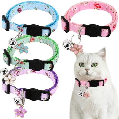 Lot de 4 colliers à fleurs pour chaton - Réglable - Boucle à dégagement rapide avec clochettes - Boucle à dégagement rapide - Collier en coton doux pour chats, chatons et petits animaux de compagnie