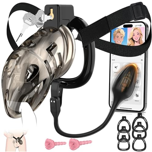 MKPJOY Male Chastity Cage - Soft Lightweight Penis Cage with 6 Sizes Rings,Black Strap,App-Controlled Vibrator, Comfortable Cock Bondage Chastity Device Sex Toys for Men (Black, L)