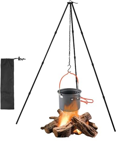 Hervidor de tres patas para acampar, cadena colgante ajustable, diseño plegable, accesorios de cocina Campfire para exteriores, juego de accesorios de supervivencia plegable, tres patas, para cocinar