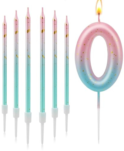 MaoNativey 7 Piezas Velas de Cumpleaños Número 0, 3D Números para Tarta con Efecto Degradado Azul Rosa - Decoración para Fiestas de Aniversario, Graduación o Festival