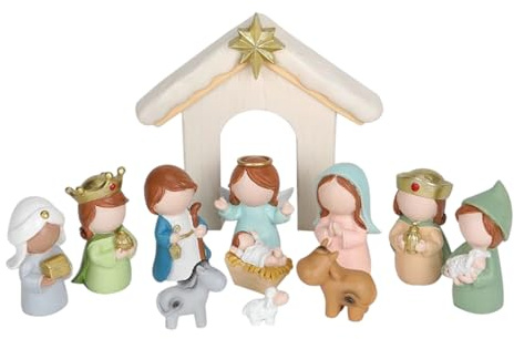 Juego de belén de Navidad, figuras religiosas, pesebre de Navidad, escena de belén para interiores, para niños, adultos, escritorio, mesa, estante, mantel, decoración del hogar, oficina, casa de campo