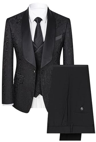 Costume Trois pièces pour Homme, Style Smoking Fleuri à Motif Cachemire, Veste Blazer à Un Bouton, Gilet et Pantalon, Noir, Taille Moyenne.