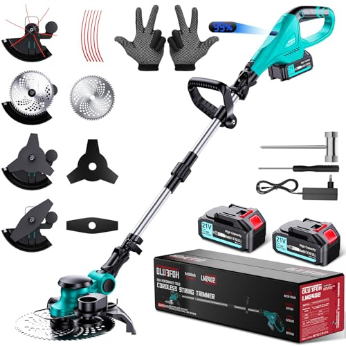Olubfdh Tagliaerba con batteria 21 V 1000 W, motore senza spazzole 3 in 1, 2 × 4000 mAh, testa trimmer girevole a 90°, manico telescopico, display a cristalli liquidi
