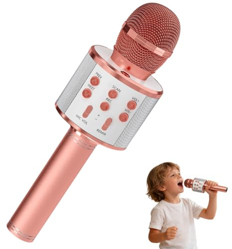 Microphone Karaoke sans Fil, Microphone Enfant, Micro Karaoké Bluetooth Portable, Microphone pour Enfant Cadeau Fille, A Partir de 5 6 7 8 9 10 11 12 Enfant Anniversaire Cadeaux, 21 x 10 cm