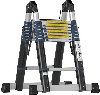 WORHAN 5m Escalera Doble Telescopica Pro Multiuso con 2 Estabilizadores Telescópicos Multifuncional Plegable Tijera Aluminio Anodizado Bisarga Grande 500cm K5A