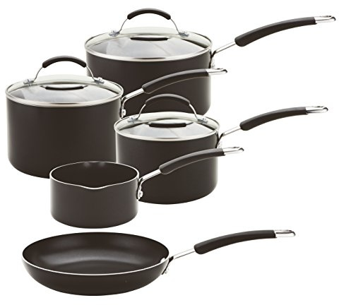 Meyer Non Stick Pots and Pans Set of 5 - Suitable as Induction Hob Pan Set with Toughened Glass Lids & Soft Grip Heat Resistant Handles, Black Cookware Set, 10 Year Guarantee