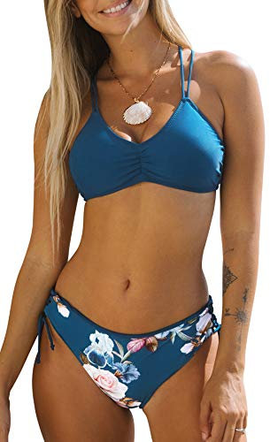 CUPSHE Damen Bikini Set mit Geflochtenen Trägern Blumenmuster Bademode Reversible Bikinihose Zweiteiliger Badeanzug Marineblau M