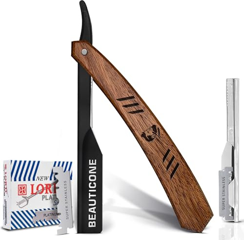 BEAUTICONE Straight Razors for Men - Professional Wood Handle Straight Edge Razor with 20 Replaceable Single Edge Blades - Stainless Steel Barber Shavette for Beard Shaving - Navajas para Barbero