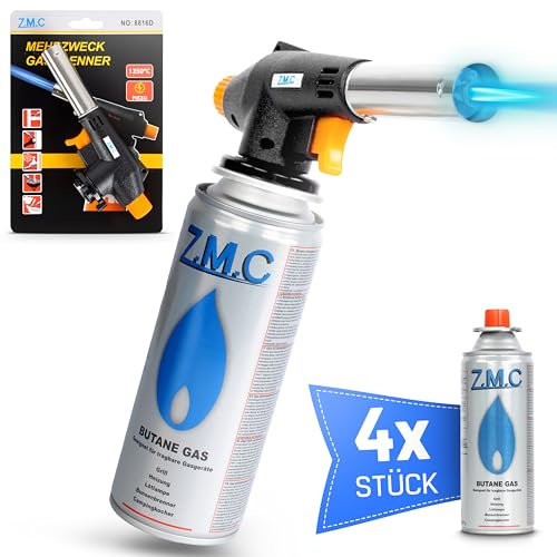 Z.M.C Gasbrenner + 4x Gaskartuschen 227g, Flambierbrenner bis zu 1300°C, Bunsenbrenner 1,3kW, Lötbrenner, Küchenbrenner mit einstellbarer Flamme
