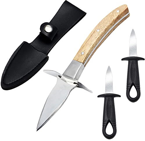 Rebanky 3 Pcs Oyster Shucker Oyster Knife with Leather Case Oyster Shucking Knife Oyster Opener for Clam Shellfish and Seafood