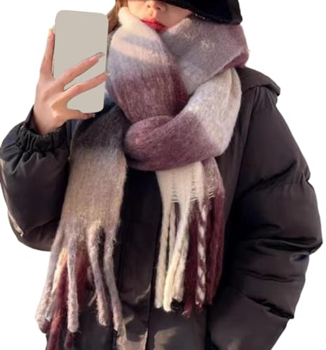 YCBMINGCAN Écharpe tissée en tricot pour femmes avec motif à carreaux coloré, longue, épaisse, franges, chaude, hiver, bleu, violet, taille unique