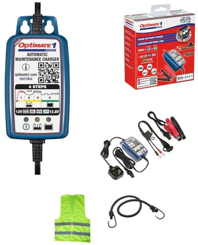 Compatible avec Vespa GTS 300 Chargeur DE Batterie Optimate 1 Duo AU Plomb 4 Phases Maintenant DE Charge pour Batterie 12V Plomb (STD, AGM, Gel) ET Lithium 12,8-13,2V