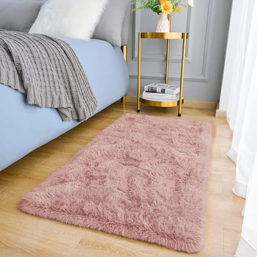 MOONLIGHT20015 Rugs Living Room Bedroom- Fluffy Shaggy Pink Area Rugs Non-Slip - Modern Super Soft Thick Pile Plush Carpet - Non Shedding Easy To Clean Rug, 60cm x 110cm