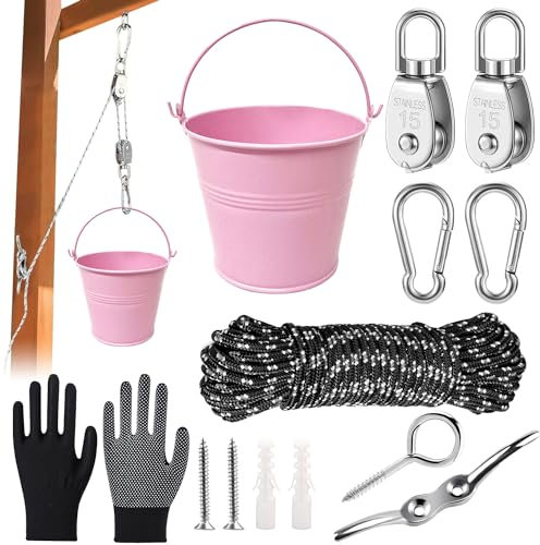 Accessoire Cabane Enfant Exterieur,Poulie Enfants,Poulie avec seau en métal,Accessoires pour cabane dans les arbres,Accessoire pour Maison d'arbre jouets de jardin pour enfants de 3 ans et plus