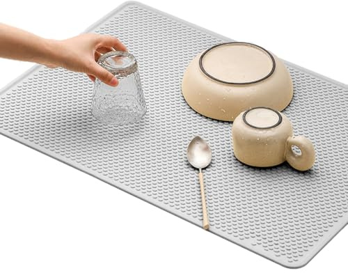 WZSYHER Abtropfmatte Geschirr 45 x 65 cm, Hitzebeständig Rutschfest, Entleerbar und Trocknbar, Silikon (Grau)