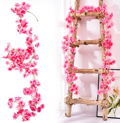 Prampe 2 Stück Kirschblüten Deko, 135 Blütenköpfe Dunkelrosa Kirschblüten Künstlich, 1.8M Blumengirlande Frühling, Kunstblumen Hängend blumenwand für Hochzeit Party Haus Garten Bogen Wände