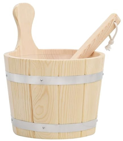 Bulliing Sauna Bucket and Ladle Set Solid Wood Pine,Sauna Wooden Bucket and Ladle Set Sauna Water Bucket Wood Ladle Kit Barrel Set Sauna Steam Water Accessories