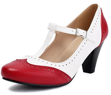 Elerhythm Damen Mary Jane Zweifarbig Klassisch und Retro Oxford Wingtip 1920er Jahre Pumps 1950er Vintage Runde Geschlossene Zehe 1940er Knöchelriemen Kleid Schuhe, Rot/Ausflug, einfarbig (Getaway