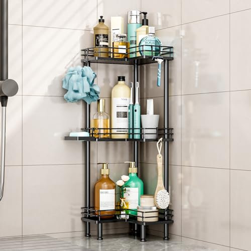 HapiRm Freestanding Shower Caddy Corner - 3 Tier Shower Storage with Soap Holder, Stainless Steel Corner Bathroom Storage with 4 Hooks for Shampoo, Tall Floor Bathroom Caddy Freestanding