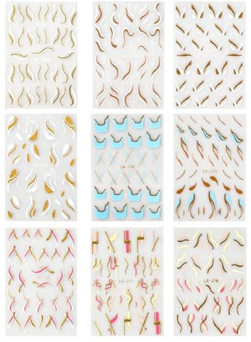 9 Hojas Pegatinas para Uñas, Diseño Punta Francesa & Líneas Onduladas Nail Art Stickers, Calcomanías Uñas Autoadhesivas, Decoración DIY Manicura para Mujeres y Niñas