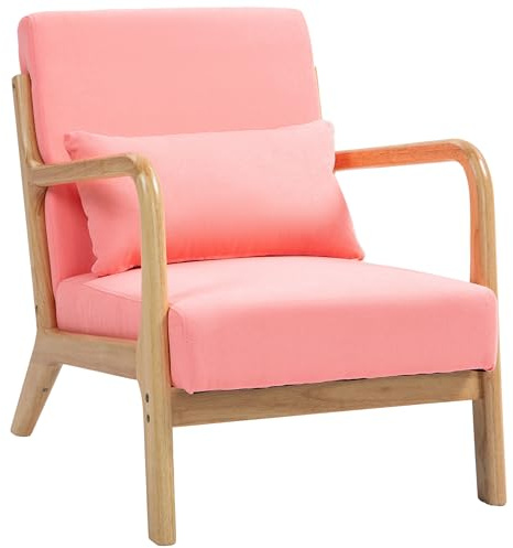 HOMCOM Butaca de Salón Butaca Nórdica Sillón de Salón con Reposabrazos Cojín y Marco de Madera de Caucho para Dormitorio Carga 120 kg 61x78x76 cm Rosa