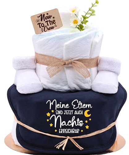 Trend Mama | Windeltorte | navy blau | Spruch wählbar | Lätzchen, Kuschelsocken |Geschenk Geburt (Design| Meine Eltern sind jetzt auch Nachts erreichbar)