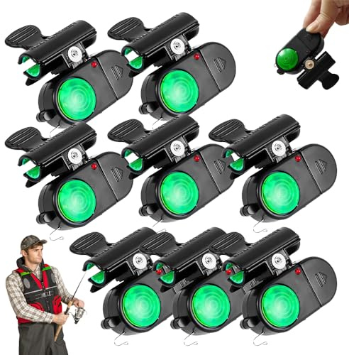 Fishing Bite Alarms with LED, Sensitive Electronic Fishing Bells for Rods, Sound Alert Indicators, Fishing Pole Bells for Bite Detection, Clip-On Fishing Alarm with Light & Sound (8, Black)