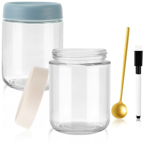 Collazoey Lot de 2 Pots pour Overnight Oats, 500ml, Pot Yaourt en Verre avec Couvercle, 1 cuillère dorée et 1 marqueur, pour confiture maison, nourriture pour bébé, mise en bocal à mason et levain