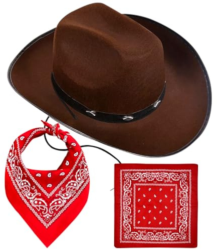 HATFRYF Cowboy Hat, 2 pack Western Cowboy Hats, with Red Scarf, Cowgirl Hat Set, Unisex Felt Western Hats and Texas Costume Accessories for Men, Women, Adults Wild West Fancy Dress Party