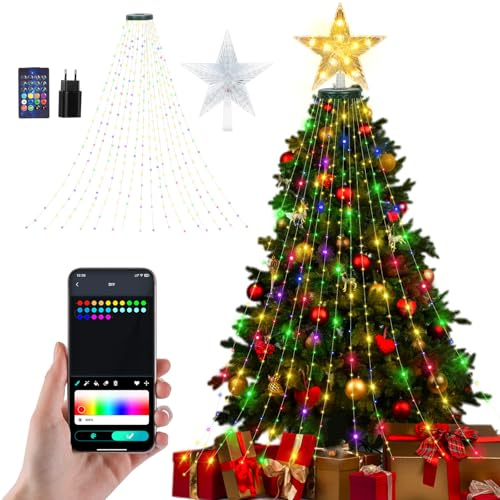 Charmofun Luces Arbol Navidad, 200 LED 2M*10 Cadena de Luces para Árbol de Navidad con Anillo, Guirnalda luminosa para árbol de Navida Interior Exterior Decoracion