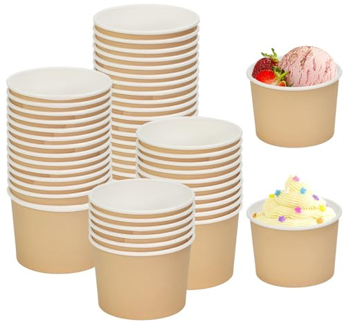Kleemeiero 100Pz Bicchieri di Carta per Gelato 240ml Coppette Gelato Carta con 50 Cucchiaio Legno Ciotole da Dessert di Carta Coppe Carta Gelato Bicchierini Monoporzione Dolci per Yogurt Dessert Zuppa