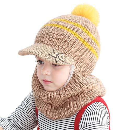 AYPOW Barn slip-mössa flickor pojkar varm vintermössa termo fleece fodrad stickad mössa halsduk mössa vindtät mössa balaclava med tofs huva loop halsdukar småbarn, kaki, One size