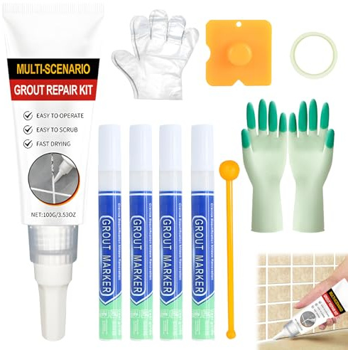 Uoxmiy Tile Grout Repair Kit, Grout Sealer and Grouts Pen with Tool, Fast Drying and WaterProof Grouts for Bathroom and Kitchen Tile Joints Line Repair(White, 100g)