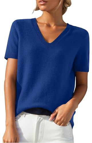 PODOLIXIA Jersey de manga corta para mujer, cuello de pico, de punto, monocolor, manga corta, jersey de punto fino, suave, respetuoso con la piel, para verano, suéter para mujer, azul, XL