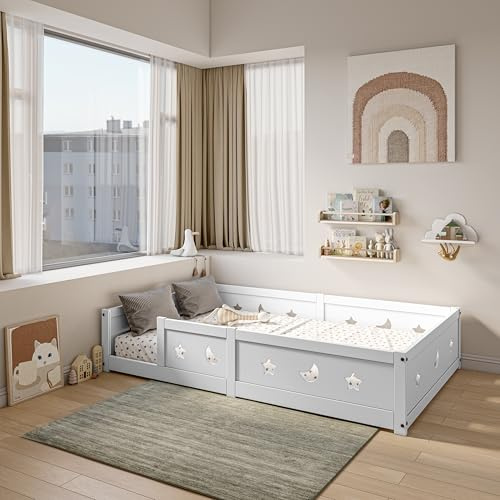 BLSYHDH Letto per bambini 120 x 200 cm, letto Montessori, letto a pavimento in legno, sicuro per bambini, con protezione anti-caduta, adatto per ragazzi e ragazze (bianco 1, 120 x 200 cm)