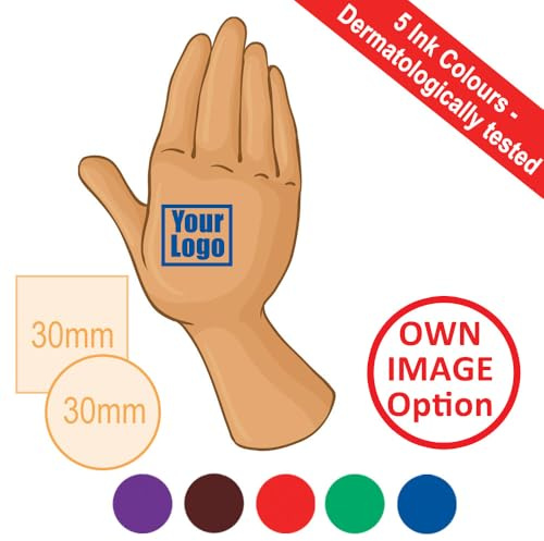 30mm Self-Inking Hand Stamp/Event Reentry Stamp. Skin Safe, 5 Dermatologically Tested Ink Colours. Personalised Rubber Stamper with Own Image/Custom Logo (Red)