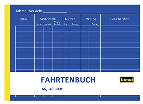 Idena 314250 - Fahrtenbuch, DIN A6 für 390 Fahrten, doppelseitig bedruckt, holzfreies Papier, 40 Blatt, 1 Stück