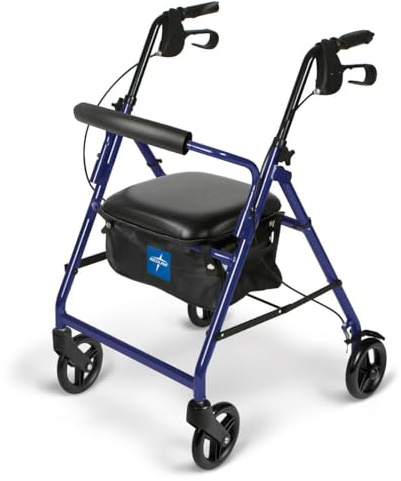 Medline Aluminum Rollator Walker with Seat, Blue, 250 lb. Weight Capacity, Lightweight, 6” Wheels, Foldable, Adjustable Handles, Rolling Walker for Seniors