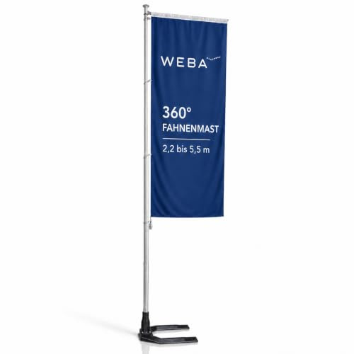 WEBA Mobiler Teleskopmast mit Ausleger 2,2–5,5m, Aluminium Fahnenmast 360° drehbar mit Auffahrfuß, Stabiler Werbemast für Messen, Events & Outdoor Werbung (mit Auffahrfuß)