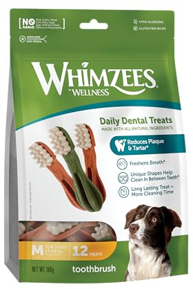WHIMZEES Brosses à Dents M, 12 Pièces – Taille M, Friandises pour Chiens de Taille Moyenne, Naturelles & sans Céréale, Végétariennes, sans Sucre Ajouté