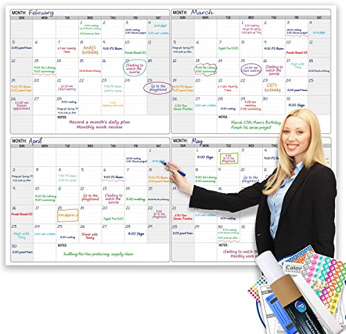 Dry Erase Four Month Laminated jumbo Wall Calendar, 46 x 63, Huge quarterly Laminated Erasable White Board, Giant 120 day Family Whiteboard Schedule Planner, Large Multi Month Reusable Poster