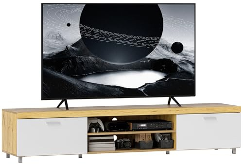 HOMCOM 200cm TV Cabinet for TVs up to 90, Modern TV Unit with Storage and Open Shelves for Living Room and Bedroom, White and Light Brown
