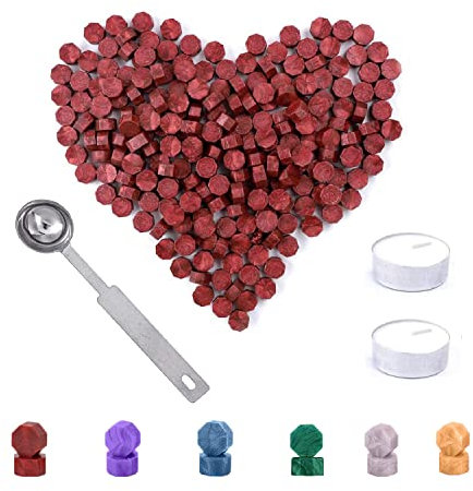 Siegelwachs Kit, 200pcs Siegellack Perlen, Achteckig siegelwachs rot Mit 2 Stück Kerzen und 1Stück Schmelzlöffel für Stempel Versiegelung, Geschenkverpackung, Hochzeitseinladungen, persönliches Kuvert