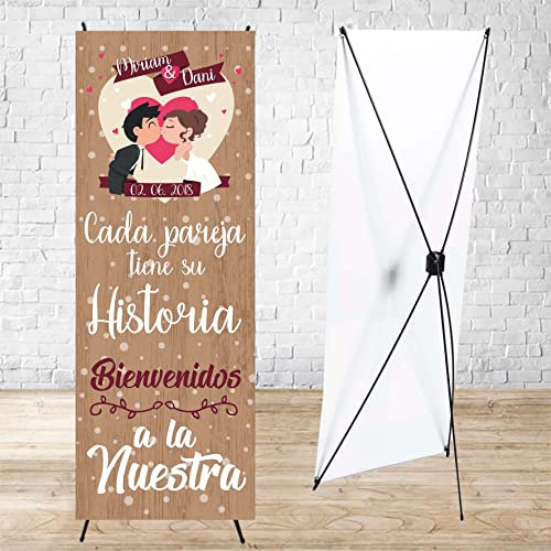 Cartel Boda cada pareja tiene su historia con soporte 60 x 160 cm. Decoración boda, Photocall personalizado con nombres y fecha. Fabricación Española, banner de bienvenida