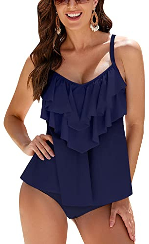 WIN.MAX Costume da Bagno Tankini da Donna Set Vita Alta Volant Volant 2 Pezzi Bikini Set Costume da Bagno Plus Size Costume(Grigio Viola,EU46)