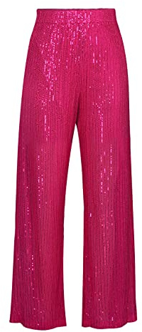 Caziffer Pantaloni con Paillettes da Donna a Vita Alta Glitterati Bling Pantaloni Discoteca Scintillii Larghi a Gamba Dritta Clubwear Streetwear (Rosso Rosa, M)