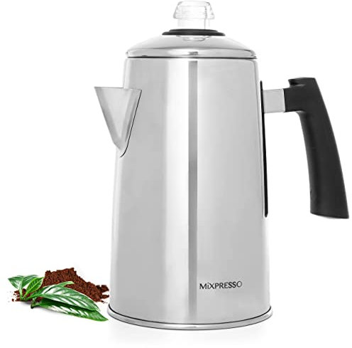 Mixpresso Percolador de café de acero inoxidable para estufa, cafetera clásica de 52 onzas, excelente como olla de camping, cafeteras de camping de acero inoxidable de 12 tazas, mango de tacto frío.